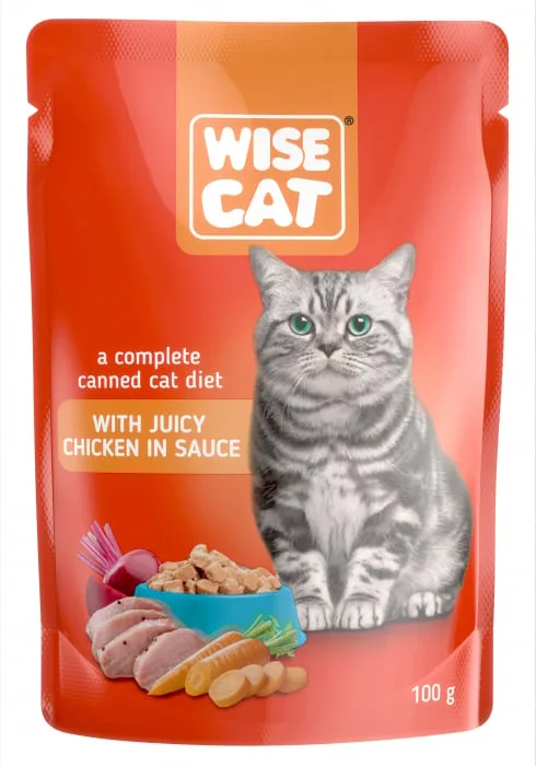 Hrana umedă pentru pisici Wise Cat cu pui în sos — Recenzie, calitate și preț redus
