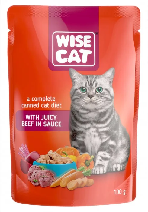 Hrana umedă pentru pisici Wise Cat cu vita în sos — Recenzie și preț