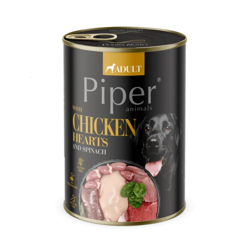 Hrana umedă pentru câini adulte Piper Dog — Recenzie, inimi de pui și spanac, 400 g