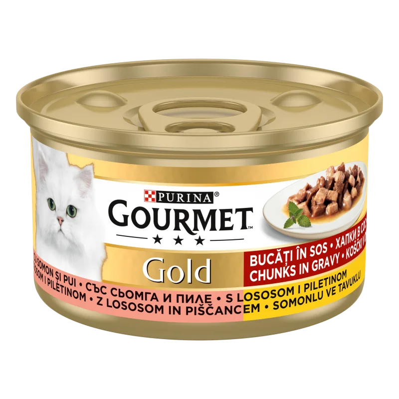 Gourmet Gold Bucăți de carne în sos Pui și Somon — Recenzie, calitate și preț