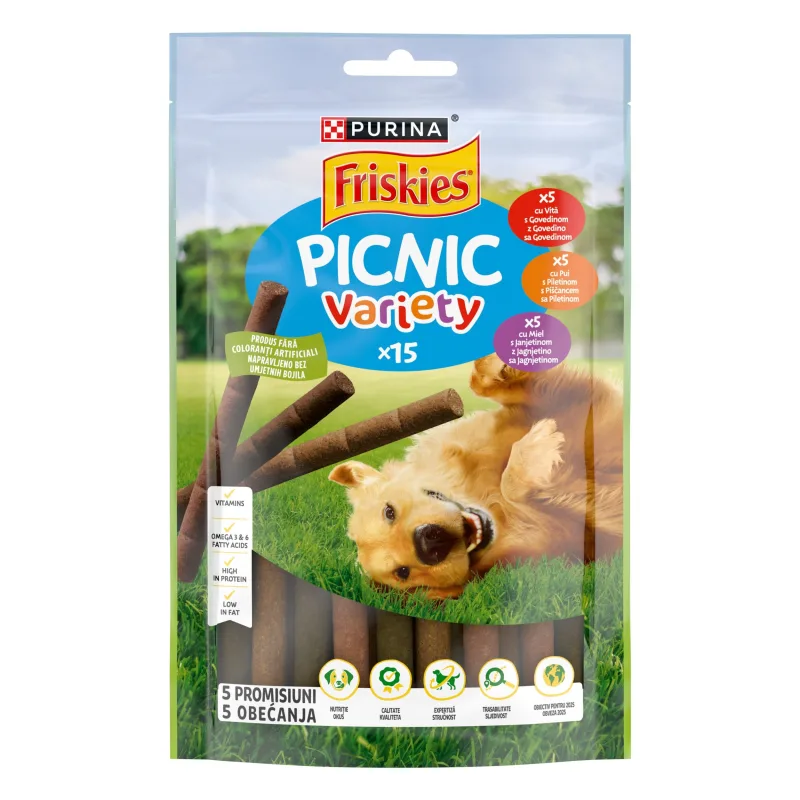 Recomandat hrana uscată pentru câini Friskies Picnic Variety cu vită, pui și miel — caracteristici și preț